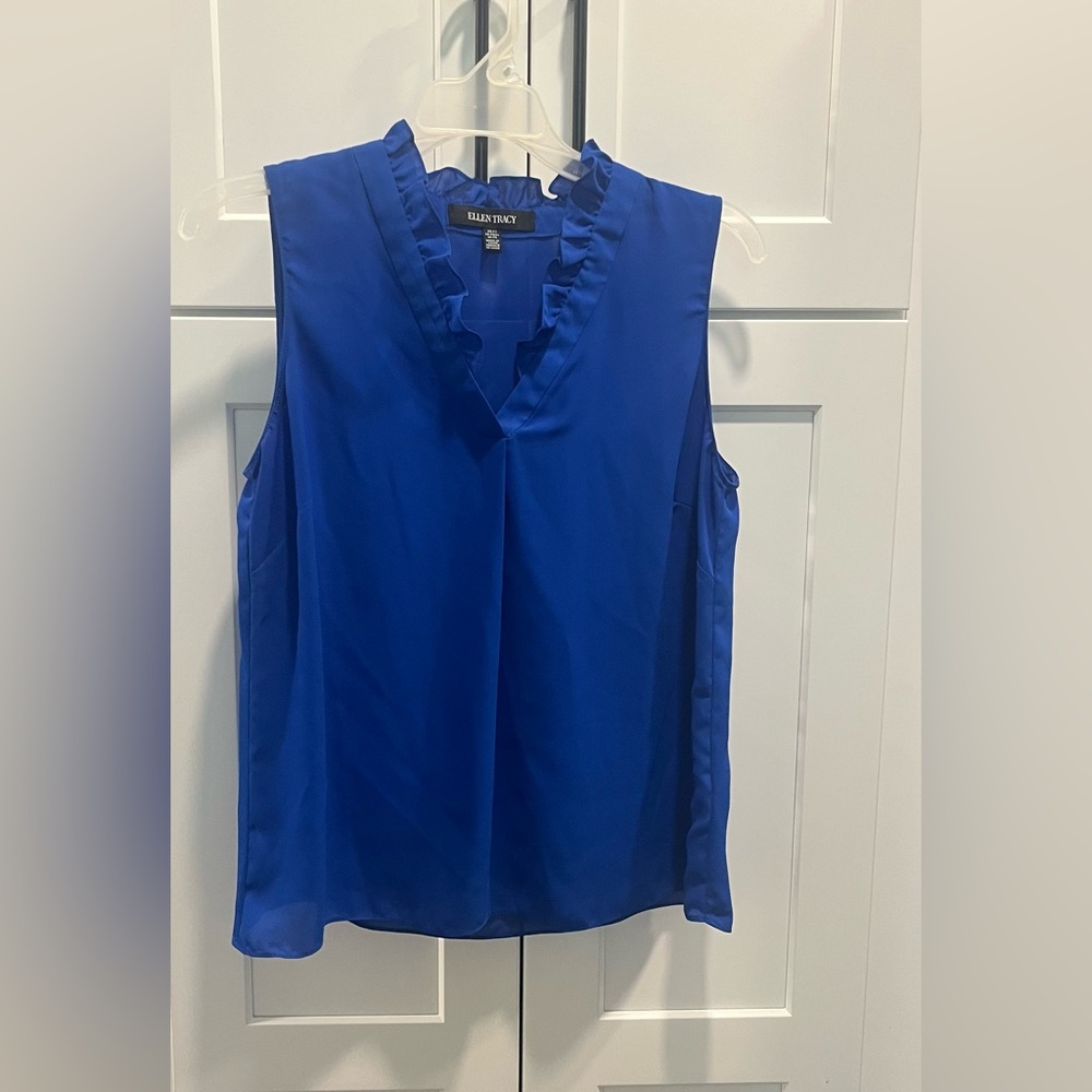 Ellen Tracy Royal Blue Ruffled V-Neck Blouse
